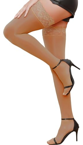 himifuns Thigh High Stockings for Women Sheer Lace Top Stocking Sexy Anti-Slip Silicone Pantyhose Hold Up Stockings for Women Brown One Size