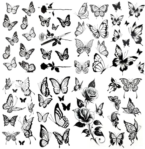 8 Sheets Large Black Butterfly Temporary Tattoos Stickers Waterproof Fake Tattoo Sticker Flowers Butterflies Hummingbird Swallow Rose Style Realistic Tattoos for Women Body Arm Hand Neck