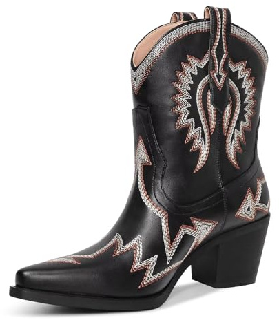 HOCHFART Metallic Embroidered Cowgirl Boots For Women Pointed Toe Western Boots Chunky Heel Pull On Short Cowboy Boots Wide Calf Country Ankle Booties, Black, 6.5 UK
