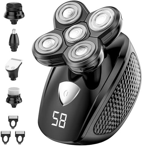 Orvina Elektrischer Glatzen-Rasierer Herren, 5-in-1 Kopfrasierer für Glatzen, Wasserdichter Glatzenrasierer mit LED-Anzeige für Gesicht, Nase, Bart, Haare und Koteletten