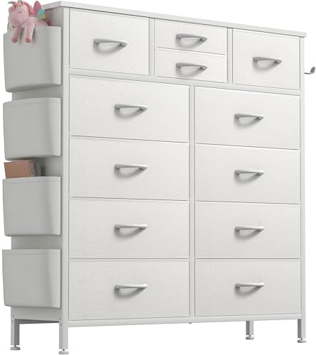 Buluri Chest of Drawers Bedroom, 12 Fabric Drawers Dresser with Side Pockets and Hooks, Wooden Top and Metal Frame, Tall Drawers for Closet, Living room, Kids Room (White)