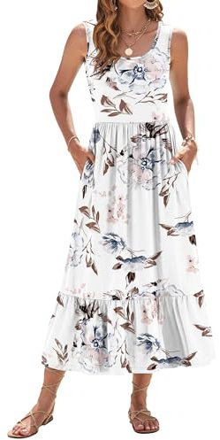 WNEEDU Vestido de Verano para Mujer Vestido Largo sin Mangas con Cintura Imperio Vestidos playeros aireados con Escote en U y Bolsillos para Mujer Flor Blanca S