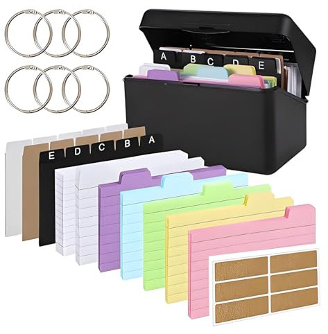 Karteikasten Schwarz, 15 x 9,5 x 8,5 cm, 230 bunte linierte Karteikarten, 6 Ringen, 6 Aufkleber, 15 Register, Karteikarten-Box für Unterwegs-Lernen, Notizen, Schulsachen, Büro, Zuhause