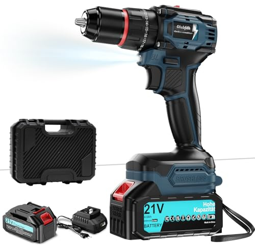 Taladro Percutor a Bateria 21V, Brushless Taladro atornillador batería con 4000mAh Baterías, 50 Nm, 20+3 posiciones de par (2 Velocidad y LED) Adecuado para bricolaje en casa y jardín