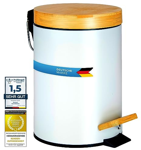 Dimono® Kosmetikeimer Bad-Mülleimer Abfalleimer 3 und 5 Liter Tret-Eimer mit flachem Bambus-Deckel und Anti-Rutsch-Tritt für Badezimmer & Küche (3 Liter, Erhöhte Deckelvariante)
