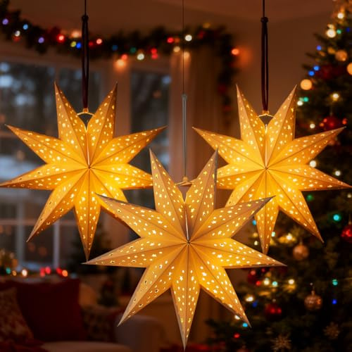 DOITOOL Stelle Natale Carta ： 3PCS Lanterne Decorazioni Natalizie Carta a Nove Punte 3D Decorazioni Natalizie Da Appendere per Casa Atmosfera Calda Romantica 13x13x5 Pollici