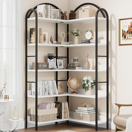 Aptliton 5-Shelf Tall Corner Bookshelf, Large Modern Corner Bookcase with Sturdy Metal Frame, Storage Display Rack for Living Room & Home Office, White