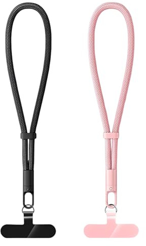 AVUELOI Cinturini da polso, 2 pezzi, cordino regolabile per telefono con linguetta di fissaggio, cinturino da polso per cellulare a mani libere per custodia del telefono, chiavi, nero/rosa