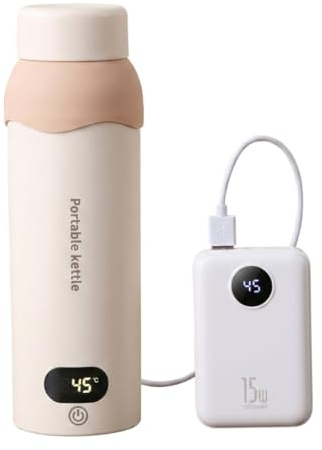Xoeryoy Hervidor Eléctrico Portátil, Hervidor De Viaje De 500 Ml con 6 Configuraciones De Temperatura, Doble Alimentación USB-C/220 V, 12 Horas De Mantener Caliente, Acero Inoxidable 304, Blanco
