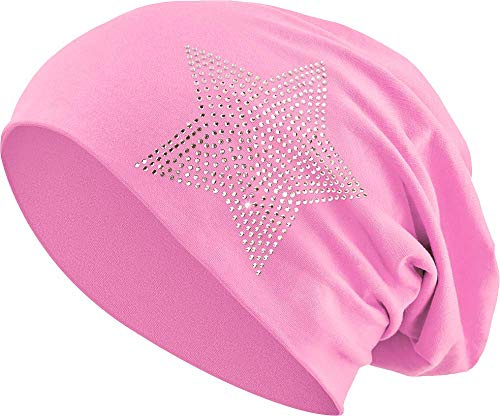 Jersey Cotone Elastico Lungo Slouch Beanie Unisex Uomini Signore con Strass Pietre Cappello Heather in 35 Colori Diversi (2) (Rosa Chiaro)