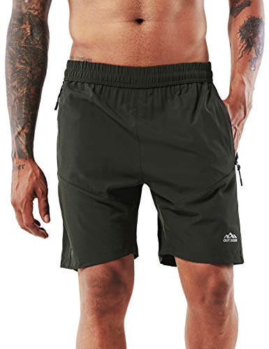 YAWHO Short de sport court pour homme, Séchage rapide, Avec poche zippée, Short de jogging pour entraînement, course à pied, fitness, Vert 0366, M