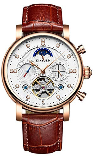 Ourui Wrist Watches,Tourbillon Moon Phase Automatic Hollow Mechanical Watch Fashion Leather Strap Diamond Watch, Rose Case White Surface