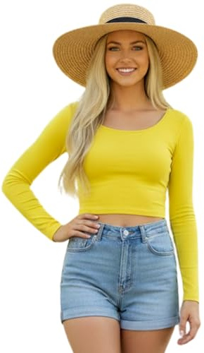 Women’s Crop Top Slim Fit Long Sleeve Ladies Round Neck Stretch Cropped T-Shirt Casual Basic Tight Tee Blouse Womens Crop Tops UK Yellow-12-14