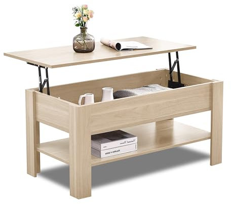 Lift Top Coffee Table With Storage, Coffee Table For Living Room, Wooden Coffee Table With Storage Large Hidden Storage Rectangular with1 Shelf Sofa End Tea Table for Living Room Furniture, Oak