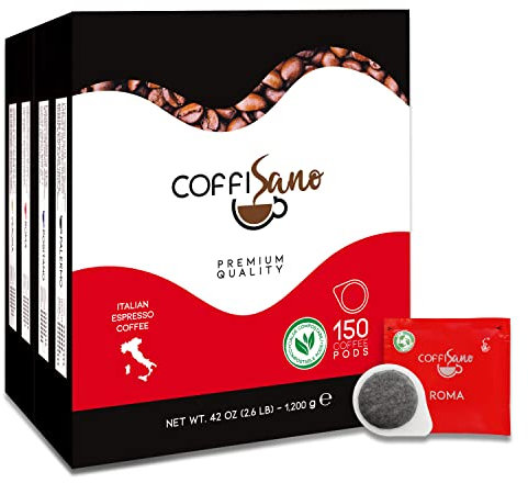 150 Cialde Caffè Coffisano Espresso Italiano in Filtro Carta Compostabile ESE da 44 mm Bustine Monodose – Miscela Roma, Gusto Cremoso ed Equilibrato