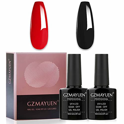GZMAYUEN Negro y Rojo Esmalte Gel Semipermanente Set 2Pcs 10ML Negro Esmalte Gel para Unas Rojo Pintaunas Gel Semipermanente UV Led Gel Nail Polish Set