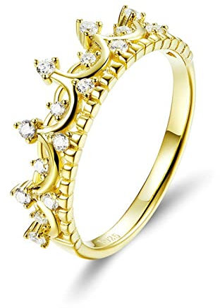 Eleganter Kronenring Aus 925er Sterlingsilber Mit CZ-Steinen – Langlebiges Und Stilvolles Design for Frauen, Aufwendige Goldene Kronenfassung, Erhältlich In Den Größen 6–8 (Size : 8)