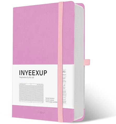 INYEEXUP Notizbuch A5 Kariert, Journal Buch mit 320 Seiten, Notizheft a5 mit Premium 100gsm Tintenfestes Papie Dickes, PU HardCover Notizbücher mit Elastischem Verschlussband und Falttasche(Lila)