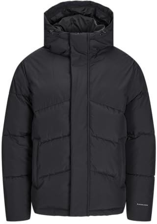 JACK & JONES Mens Puffer Jacket Hooded Winter Warm Quilted Coat with Full Zip Closure Windproof Jacket for Men UK, Black Colour, Size- XL