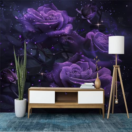 Fototapete Rose Blumen Lila Tapeten, 300 x 210 cm (WxH) Tapete Schwarz Fototapeten Vlies Tapeten Wandtapete Moderne Wand Schlafzimmer Wohnzimmer 02