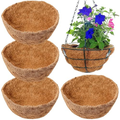 BLLREMIPSUR 4 Pcs Round Hanging Basket Liners, 12 Inch, Natural Coco Fiber, Wall Mounted Coconut Fibres Planter Liner for Hanging Basket Indoor Outdoor Garden Flower Pot