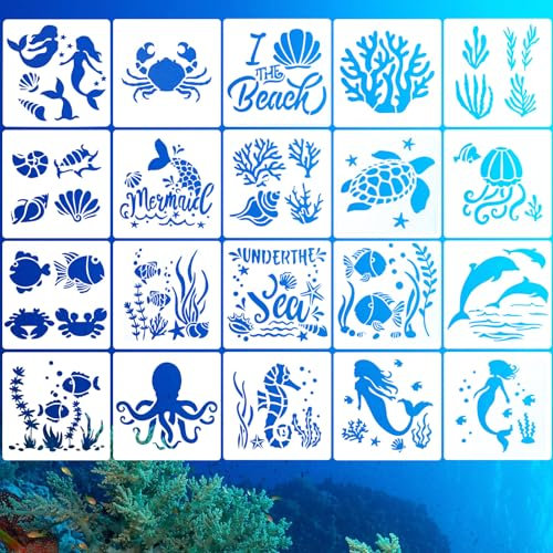 20 STK Meer Tier Schablonen, DIY Schablonen Malen, Malerei Schablonen Vorlagen, Wiederverwendbar Zeichenschablonen, Sprühschablonen, Tiere Malschablonen zum Malen Handwerk Holz Wand Deko, 13x13cm