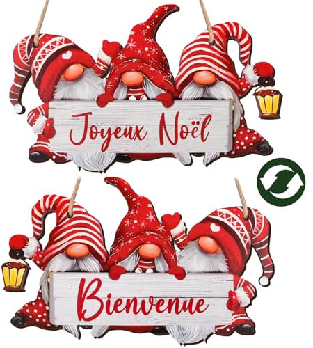 GEBETTER Decoración Navidad para Puertas en Francés Bienvenue & Joyeux Noël Adorno Navideño para Entrada Cartel Puerta de Madera Gnomo Navidad