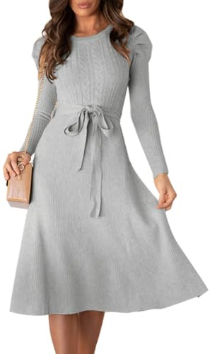 IBAKOM Femmes Automne Pull Robe Hiver Skinny Tricot Manches Longues Lacets Volants Midi A - Type Robe Décontractée Gris XL