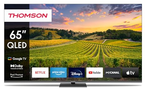 THOMSON 65 Tum (164cm) QLED Zentraler Standfuß Google Smart TV, Wi-Fi, Dolby Audio, HDR10, Bluetooth 5.1, Triple-Tuner (Kabel/Satellit/Antenn), HDMI, CI+, A+ Panel - 65QG5C14