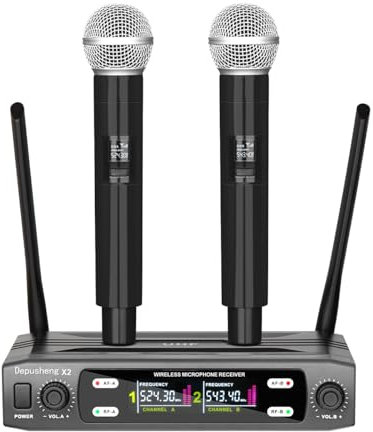 Depusheng Drahtloses Mikrofonsystem, VHF-Drahtlosset mit Fester Dualfrequenz und 2 dynamischen Handsendern, drahtloses Mikrofonset für Gesang, Karaoke, Kirche, DJ, 200 Fuß Reichweite