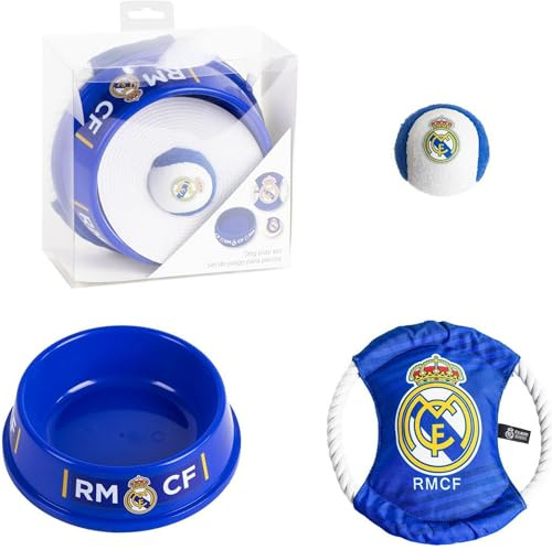 Set pour Animaux de Compagnie Bienvenue Real Madrid - Kit Officiel d'accessoires pour Animaux de Compagnie, avec Jouet, mangeoire et Plaque