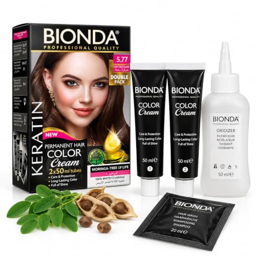 Bionda Professional Hårfärg 5.77 Het Choklad 200 ml Dubbelpack Keratin | Permanent cremefärg med keratin och moringa som täcker grått till 100% och ger jämn, långvarig färg med lyster