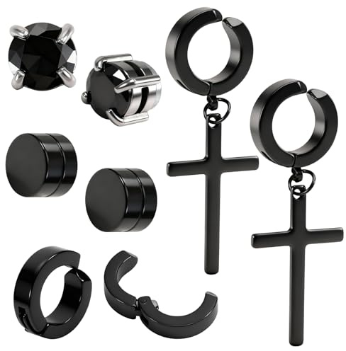 4 Pairs Men's Women Punk Stainless, Steel Black Magnetic Non-piercing Clip Fake Cheater Stud Earrings, Decorated with Zircons, magnetic earrings for men for Women Men Birthdays, Anniversaries
