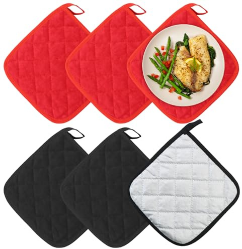 Scettar 6 Pezzi Cotone Presine da Cucina, 20 x 20 cm Rivestimento in Argento Guanti da Forno, Presine per Fornelli (Nero, Rosso)