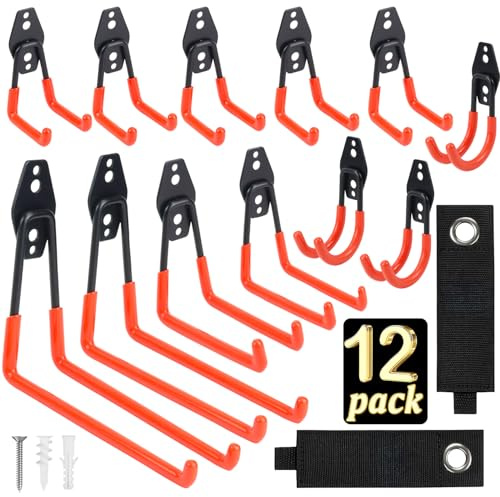 Qcdou Wandhaken Garage, 12 Stück Garage Storage Hooks, Werkzeug Wandhalterung, Schwerlast Wandhaken, Aufhängehaken, Zur Aufbewahrung für Fahrradhalterung, Gartengeräte, Schlauch, Leiter(Orange-B)