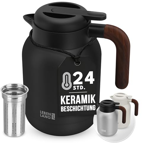 LEBENLANG Thermos caffe 1,5 litri Nero - Rivestimento ceramico & senza BPA I 24 ore al caldo & Incl. filtro da tè I Termos caffè Caraffa termica Termus per te caldo grande Teiera