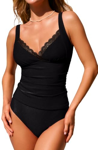 CUPSHE Women's Tankini Sets V Neck Lace Trim Two Piece Swimsuit Adjustable Straps Self Tie Swimwear Ruching, M Black