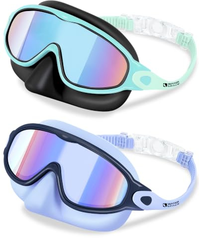 Water Space 2 Pcs Kids Swim Goggles with Nose Cover, Wide View Swimming Diving Mask for Kids Youth 3-15, Anti Fog UV Protection Swimming Goggles