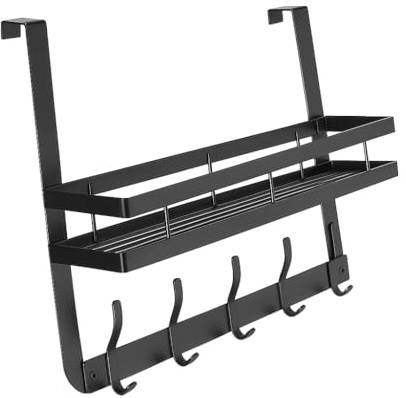 Storm Island Over The Door Hook Hanger Rack with Shelf 5 Hooks Fits 35mm to 45mm Doors No Drill Waterproof Hanging Storage Organizer for Bedroom Bathroom & Kitchen