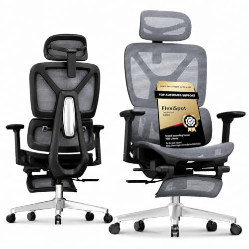 FLEXISPOT ErgoX Ergonomischer Bürostuhl mit Fußstütze Schreibtischstuhl, 3D-Armlehnen, 3D-Kopfstütze, 5 Fach höhenverstellbare Rückenlehne, Atmungsaktiver Mesh Sitz, Arbeitsstuhl, 150KG Tragbar Grau
