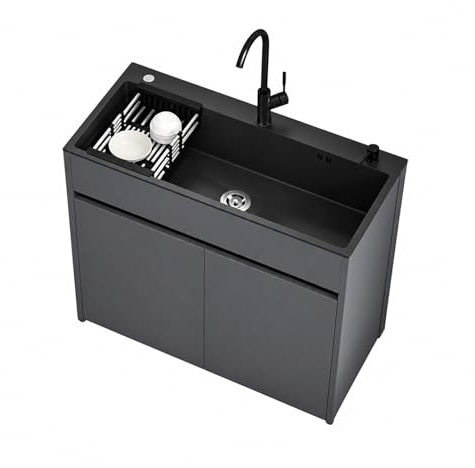 All-in-One Lavandino da Cucina Autoportante con Vasca Profonda, Rubinetto e Mobiletto Inferiore a Doppia Anta, Meuble Lavello Adatto per Cucina, Giardino, Balcone, Lavanderia, Officina.