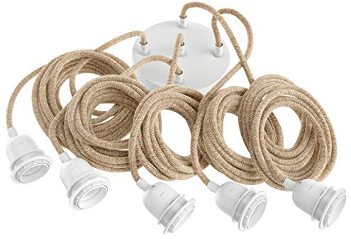 Hoopzi - Pendelleuchte 5 Flamming - 3,5m Textilkabel Seil und Weiß - 5 X E27 Fassung - Vintage, Industrial Für Esstisch, Wohnzimmer, Esszimmer, Zimmer, Schlafzimmer, Küche