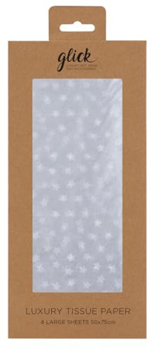Glick Printed Patterned Luxury Tissue Paper 4 Sheets, Each Sheet Measures 75 x 50 cms When Opened, Silver with White Stars