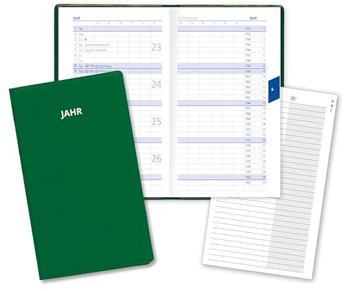 Taschenkalender Classica 26 mit Monatsansicht Monatsplaner in Blau mit 8-seitigem Adressheft und PVC Einband in Grün für das Jahr 2026