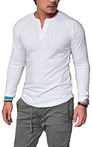 ORANDESIGNE Hombre Camisetas con Cuello Redondo Manga Larga Botón En Slim para Camisa Ocio Color Sólido La Moda Blusa Superior Retro Henley Camisas A Blanco XL