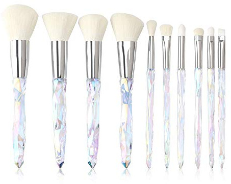 Ensemble de pinceaux de maquillage avec manche en cristal transparent Kabuki pour fond de teint, anti-cernes, fard à paupières, eyeliner, sourcils (blanc)