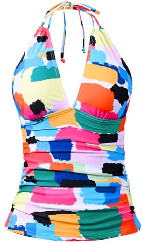Yonique Women's Halter Tankini Top No Bottom V Neck Swim Top Tummy Control Bathing Suit Top Color Block L