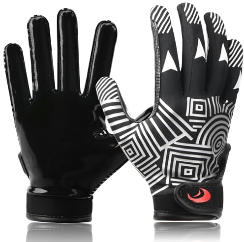 SPOMAT Youth Football Gloves Kids Silicone Grip Receiver Gloves for Kids with Super Stick Ability for Best Game Experience, Rocket Black Black Palm M/L