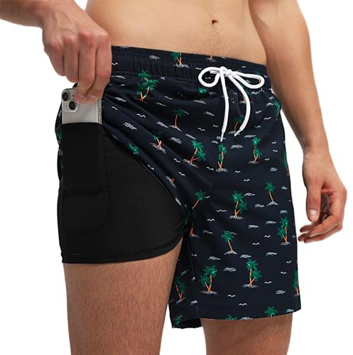 Aisprts Bañador Hombre Shorts de Baño 2 en 1 con Forro de Compresión Pantalones Cortos de Natación Elásticos de Secado Rápido Shorts de Playa con 2 Bolsillos con Cremallera