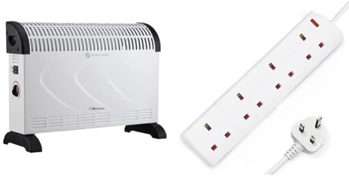 Belaco 2000W white Electric Portable Convector Heater 3 adjustable heat settings fast heating space heater & DESIRETECH White Electric Extension Lead 4 Gang 2 Metre | 2m Long Cable